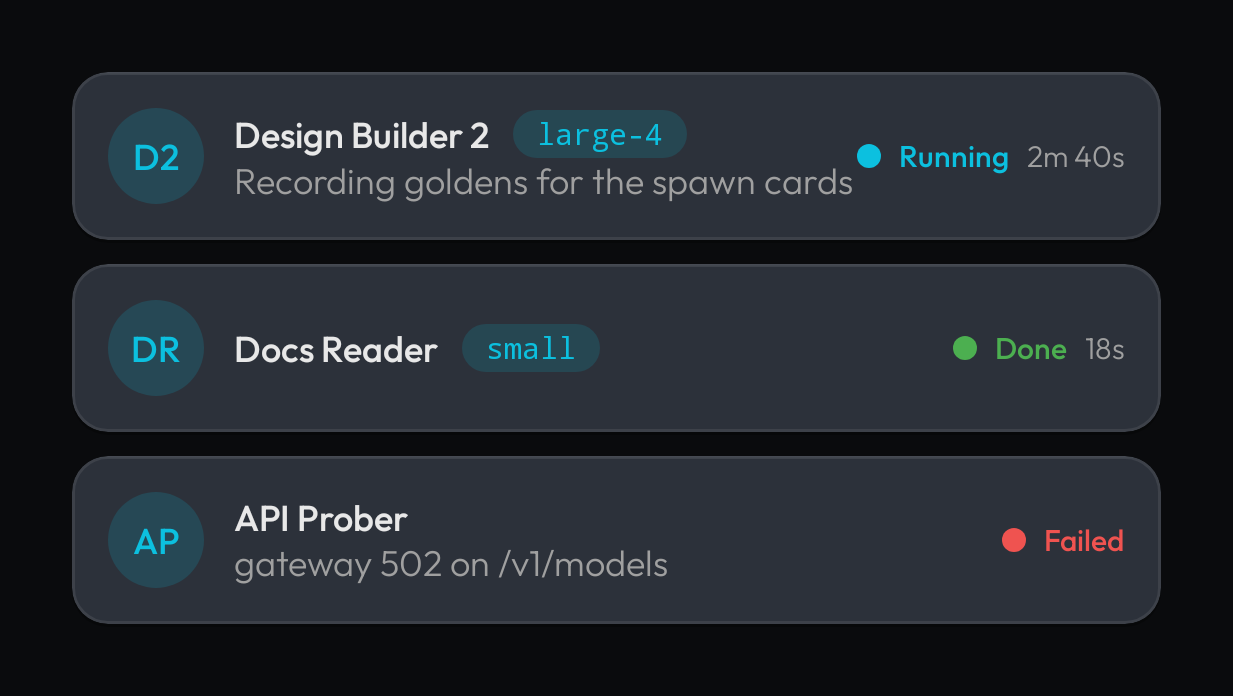 Three agent-run widgets: running with detail, done, and failed