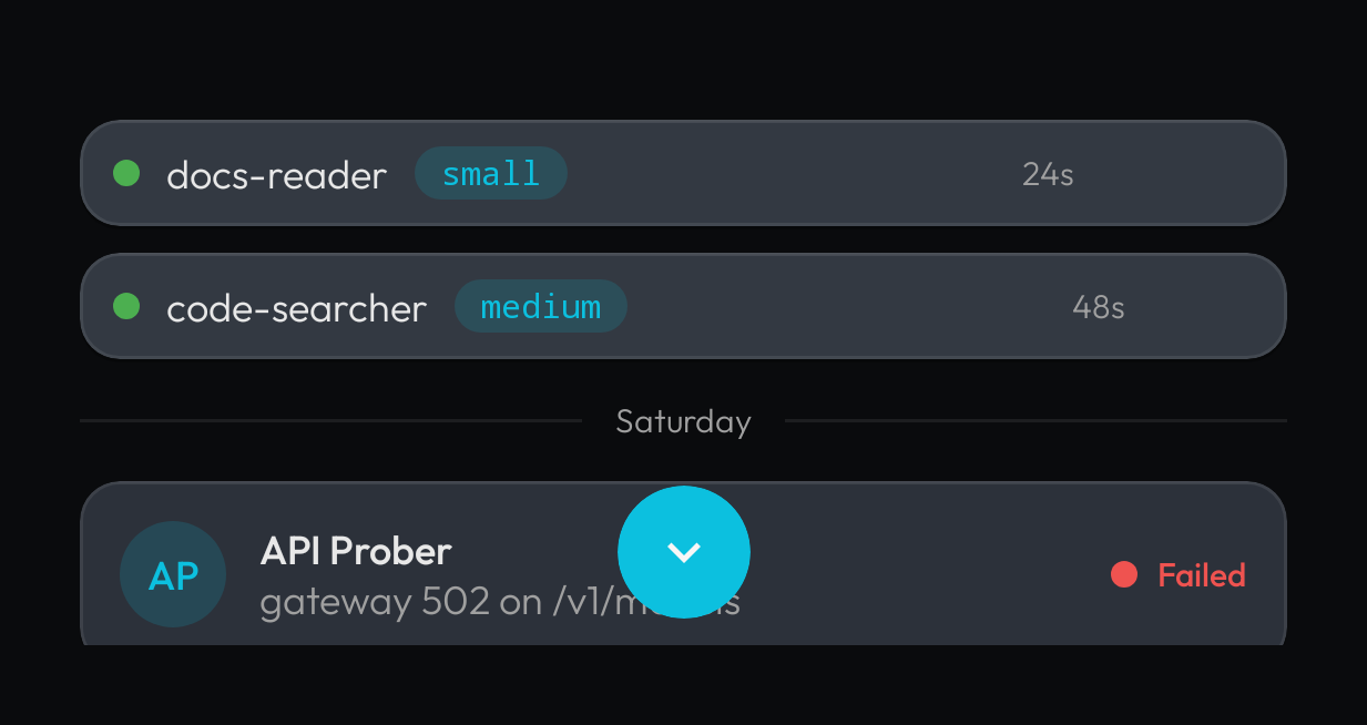 Transcript shell: rows, a Saturday day marker, and the floating jump-to-latest circle over an overflowing feed